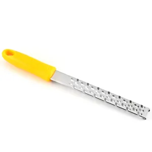 Stainless steel cheese grater and lemon zester tool with yellow plastic handle