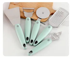 Stainless steel kitchen gadget set with mint green handles, 5-piece cooking tools.