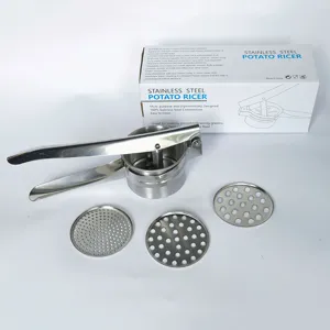 Stainless steel potato ricer set with three interchangeable discs for quick smooth mashed food.