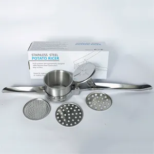 Stainless steel potato ricer manual kitchen tool masher with three interchangeable disks for easy cooking.