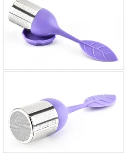 Infuseur à thé en silicone créatif avec filtre en acier inoxydable et poignée en forme de feuille.