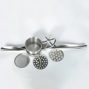 Stainless steel potato ricer detail view showing interchangeable discs and sturdy press mechanism
