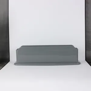 Grey plastic cutting board storage holder detail view for kitchen organization and easy use.
