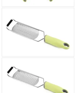 Stainless steel cheese grater detail view showing the precision metal blade and green PP handle.
