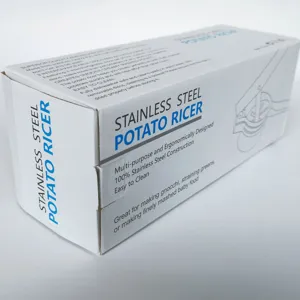 Stainless steel potato ricer box packaging detail showing product features and 100% steel material.