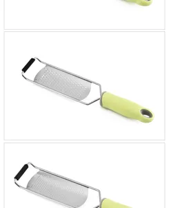 Stainless steel cheese grater with green PP handle, multi-functional kitchen tool for lemon zest.