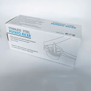 Stainless steel potato ricer packaging box showing manual kitchen tool detail and design features.