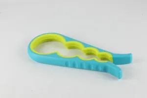 Detailansicht des multifunktionalen 4-in-1 Glasöffners mit rutschfestem Zweifarben-Griff.