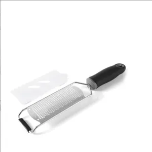 Stainless steel cheese grater with black handle and protective cover for kitchen use.