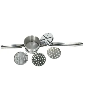 Stainless steel manual potato ricer with three discs for smooth vegetable puree.
