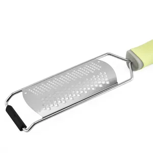Multifunctional stainless steel cheese grater with PP handle for lemon zesting and shredding.