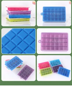 Close-up detail of flexible silicone ice cube trays with lids, multi-color grid layout.