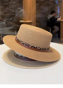 Sombrero de paja mujer verano playa viaje sombrero fedora plano con elegante banda de leopardo.