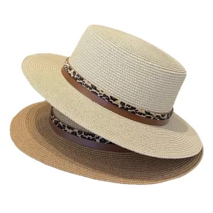 Sombrero de Paja de Verano para Mujer Copa Plana Ala Ancha Sombrero de Sol Cinturón de Cuero con Estampado de Leopardo Vacaciones en la Playa Sombrero Transpirable Casual