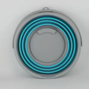 Portable collapsible bucket, grey and blue folding water container for outdoor and car wash.