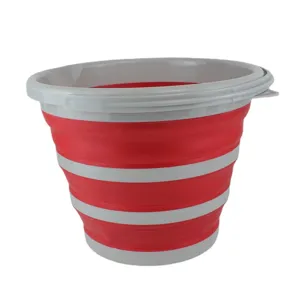 Portable collapsible bucket for outdoor fishing and car storage, durable red and grey design.
