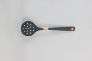 Silicone slotted spoon detail, dark grey kitchen cooking skimmer with rose gold accent.