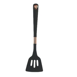 Black silicone slotted spatula kitchen cooking utensil with rose gold accent for anti-stick pan view