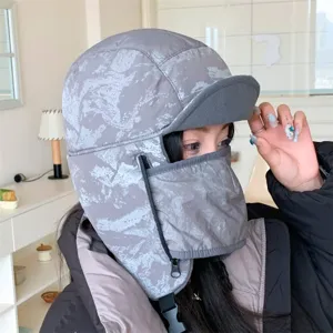 Cappello ushanka caldo invernale con maschera facciale integrata antivento per donne vista dettagli