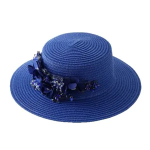 Damen blaue breite Krempe Stroh Sonnenhut mit Blumen Strass Dekor, elegante atmungsaktive Strandhut.