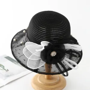 Women lightweight organza lace sun hat elegant black floral breathable beach sunshade basin hat