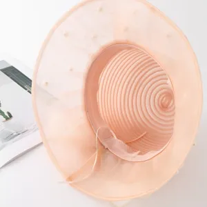 Lightweight sheer organza sun bucket hat detail, breathable summer sunhat close up
