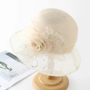 Elegant women's beige organza lace sun hat, breathable floral beach hat for summer.