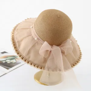 Women Wide Brim Organza Sun Hat Summer Beach Vacation UV Protection Breathable Foldable Pearl Bow Bucket Cap