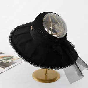 Black wide brim organza sun hat elegant lightweight breathable beach hat for women.