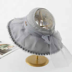 Women large brim organza sun hat breathable beach hat elegant gray summer bucket hat