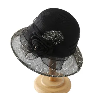 Lightweight organza lace sun hat for women, elegant black floral wide brim beach sunshade cap.