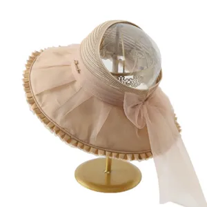 Elegant big brim organza sun hat for women, lightweight breathable beach vacation sun hat.