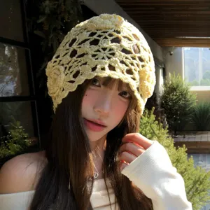 Damen Vintage Durchbrochen Handgehäkelt Beanie Mütze Handgemacht Strick Lässig Atmungsaktiv Sonnenschutz Kappe Für Alltag