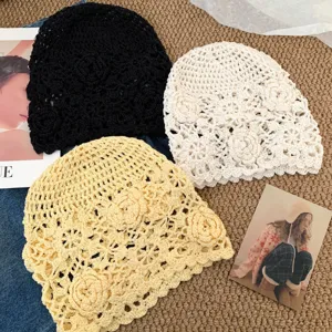 Häkeln Strickmütze Damen hohl Blumen Design retro lässig atmungsaktiv Frühling Beanie
