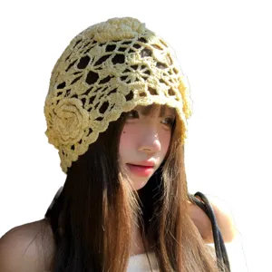 Damen gelbe hohle gehäkelte Strickmütze Retro handgemachte Beanie Hauptansicht Anzeige