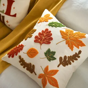 Autumn leaf tufted throw pillow cover, decorative square cushion case for cozy fall home decor.