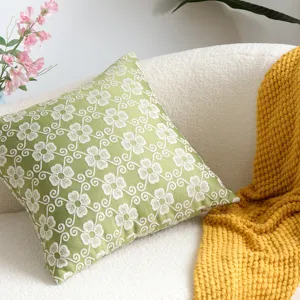 Green clover embroidered cushion cover, modern minimalist jacquard pillow case for sofa decor.