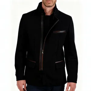 Men's black asymmetrical zipper jacket with contrast brown leather trim and stand collar.