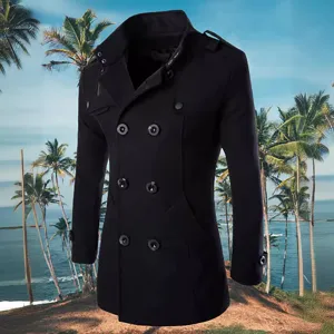 Men's Business Casual Wool Blend Mid-Length Coat Double-Breasted Stand Collar Thickened Trench Coat Windbreaker For Autumn Winter