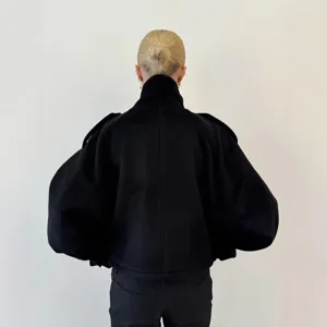 Schwarze Damen Wolljacke Herbst Winter Stehkragen elegante Mode Oberbekleidung europäisch.