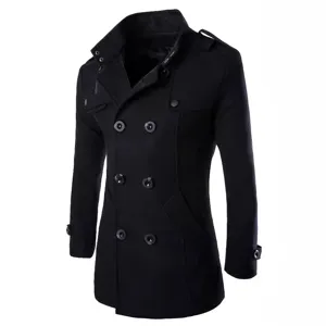 Men's black double breasted trench coat detail view, classic stand collar wool blend.