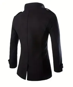 Men's black wool trench coat back view, stylish mid-length design for winter warmth.