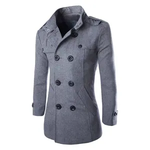 Men's double breasted wool trench coat mid length grey autumn winter outerwear apparel