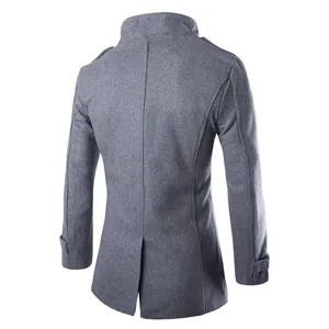 Men's grey wool trench coat back view, stylish stand collar and medium-length winter outerwear.