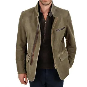 Men's British Style Asymmetric Zipper Jacket Stand Collar Polyester Casual Top Coat Multi-Pocket Fashion Outerwear For Men
