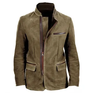 Men solid color suede jacket stand collar casual zip outerwear British style vintage coat