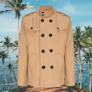 Close-up detail of the stylish khaki wool coat, featuring classic double buttons and collar.