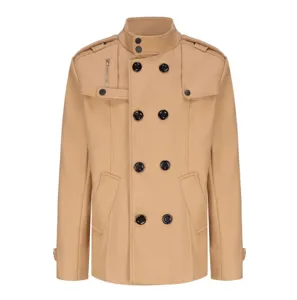 Detailed view of the stylish khaki men's wool blend coat with double-breasted buttons and epaulets.