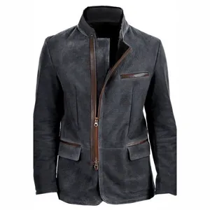 Men's stylish asymmetrical zipper solid color jacket with contrast trim coat for autumn.