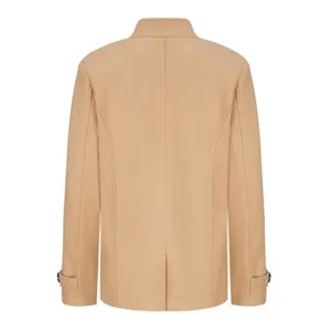 Men wool blend trench coat back view, stylish solid color autumn winter outerwear jacket.